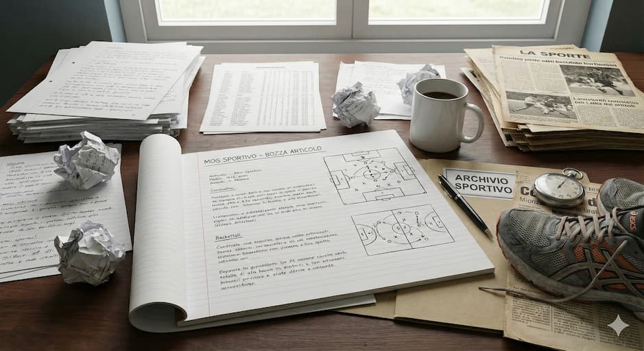 Documentazione per la redazione del MOG sportivo su scrivania con appunti, schemi e materiali di lavoro