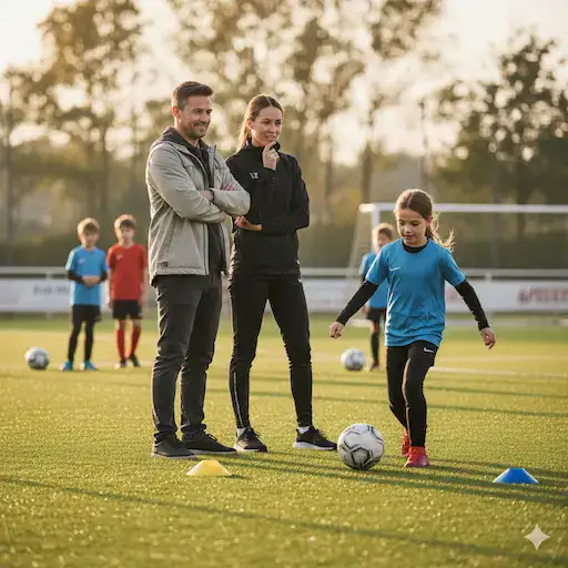 Genitore e allenatore osservano con atteggiamento collaborativo un giovane atleta durante un allenamento sportivo, in un ambiente sereno e di supporto emotivo