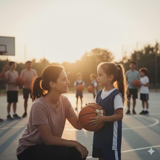 Una madre accovacciata guarda con dolcezza negli occhi la sua bambina su un campo da basket al tramonto; la piccola tiene un pallone, evocando un momento di intesa e supporto emotivo nello sport