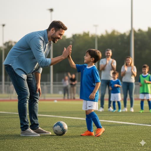Un padre sorridente si china per dare il 'cinque' al suo bambino su un campo da calcio in erba sintetica.