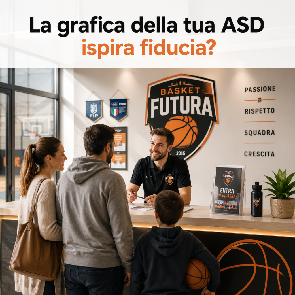 Genitori con bambino chiedono informazioni alla reception di un'ASD / SSD di basket con logo, colori e materiali coordinati che comunicano fiducia e credibilità