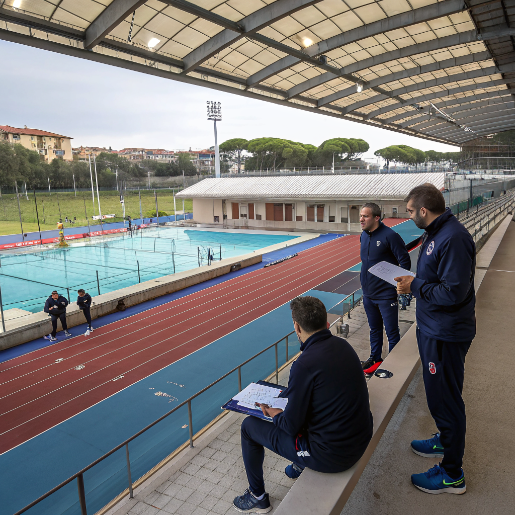 Allenatore e dirigenti di societ&agrave; sportiva durante riunione per costruire alleanza educativa con genitori