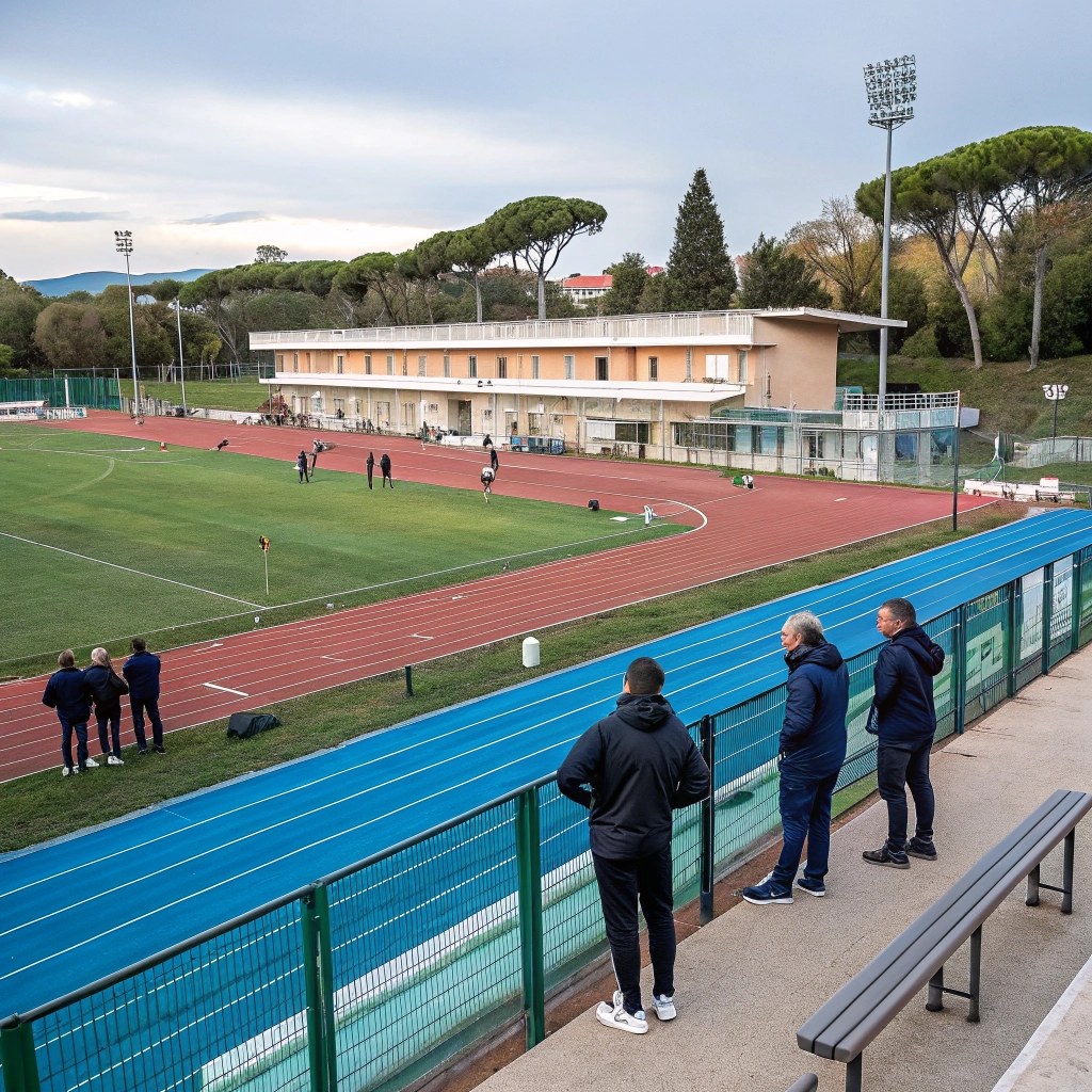 Allenatori e dirigenti durante riunione tecnica in società sportiva italiana per gestire aspettative genitori sport giovanile