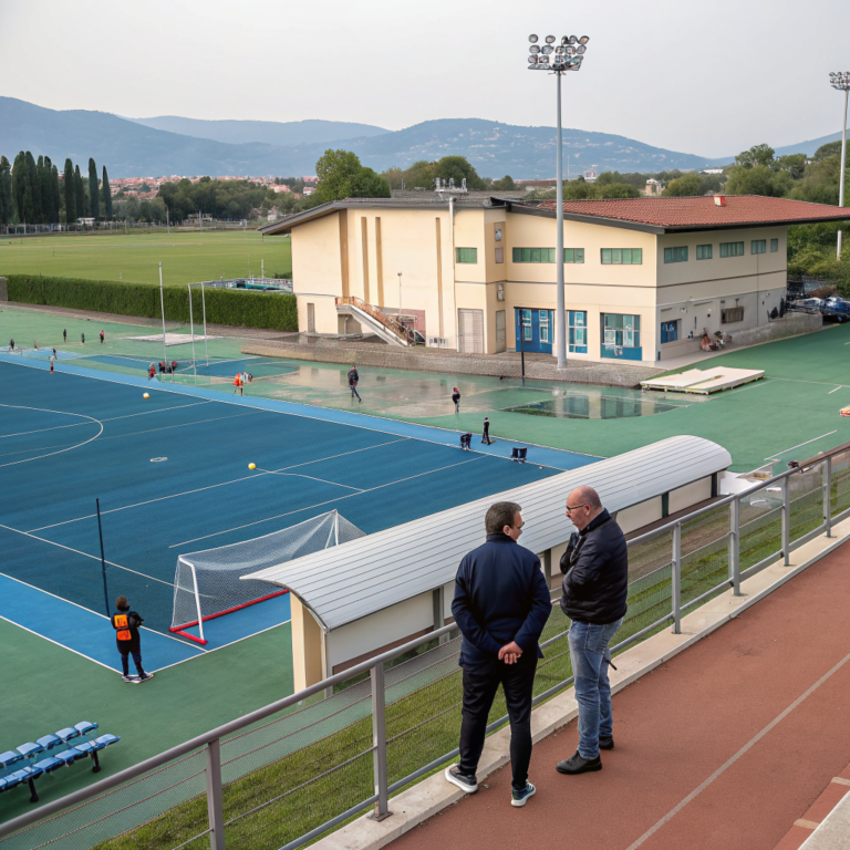 Allenatore e dirigenti di società sportiva italiana durante riunione tecnica per gestire il coinvolgimento dei genitori e prevenire pressioni sui giovani atleti
