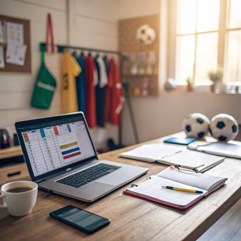 Scrivania organizzata con gestionale per associazioni sportive su laptop, documenti ordinati e attrezzatura sportiva sullo sfondo