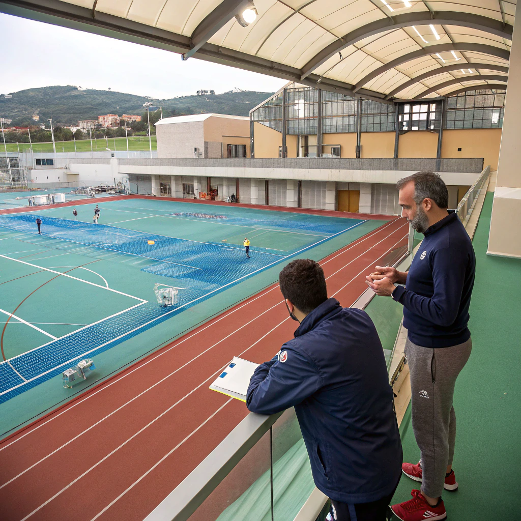 Allenatore e dirigenti durante riunione tecnica in società sportiva italiana per gestione rapporto con genitori
