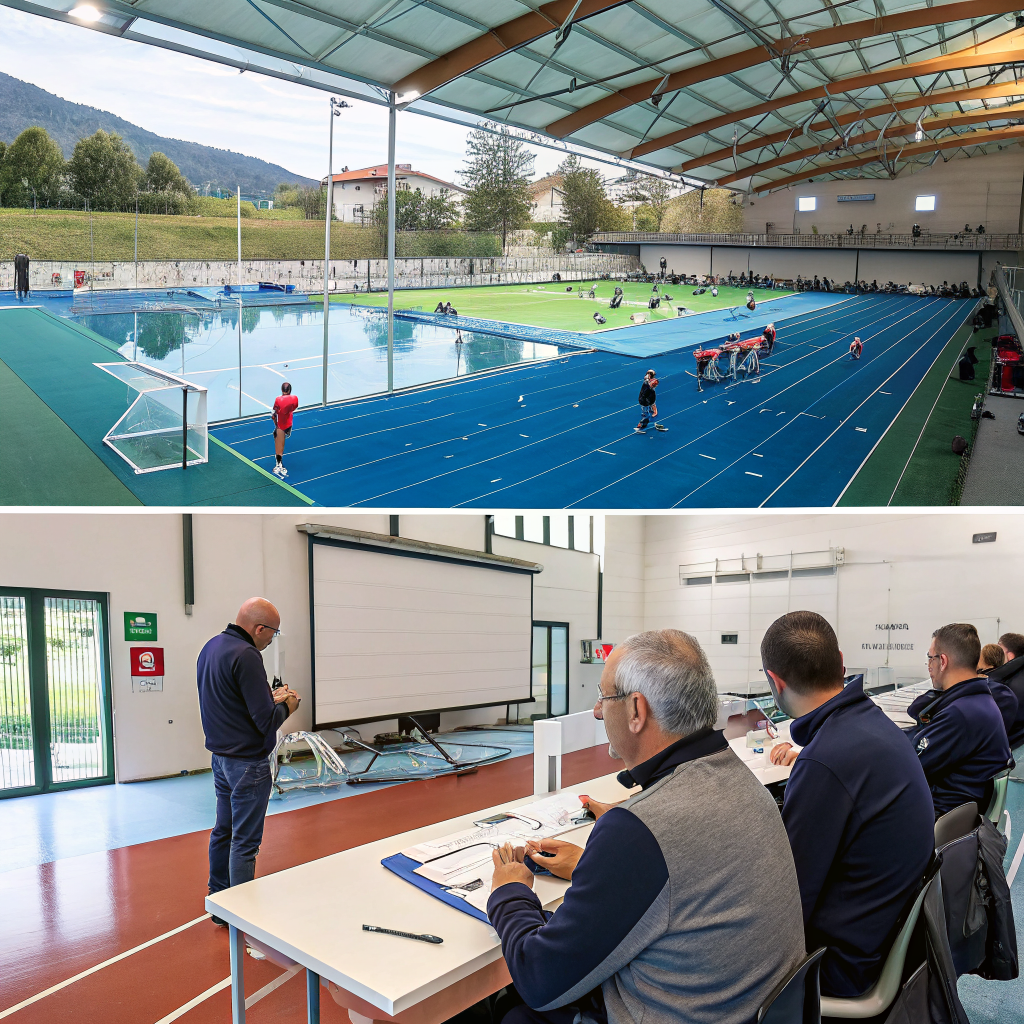 Allenatore e dirigenti di società sportiva durante riunione tecnica per gestione genitori e intelligenza emotiva nello sport