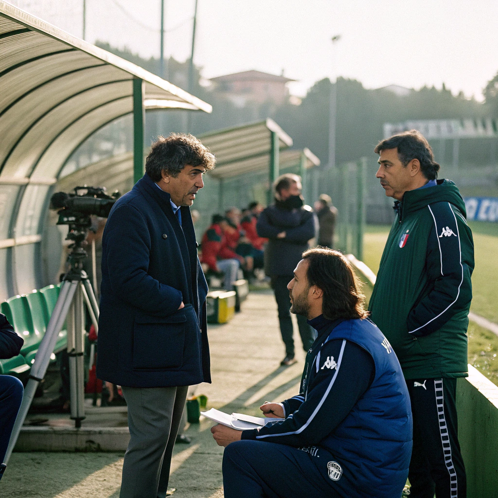 Allenatore e dirigenti di società sportiva in riunione tecnica per definire regole comunicazione con genitori
