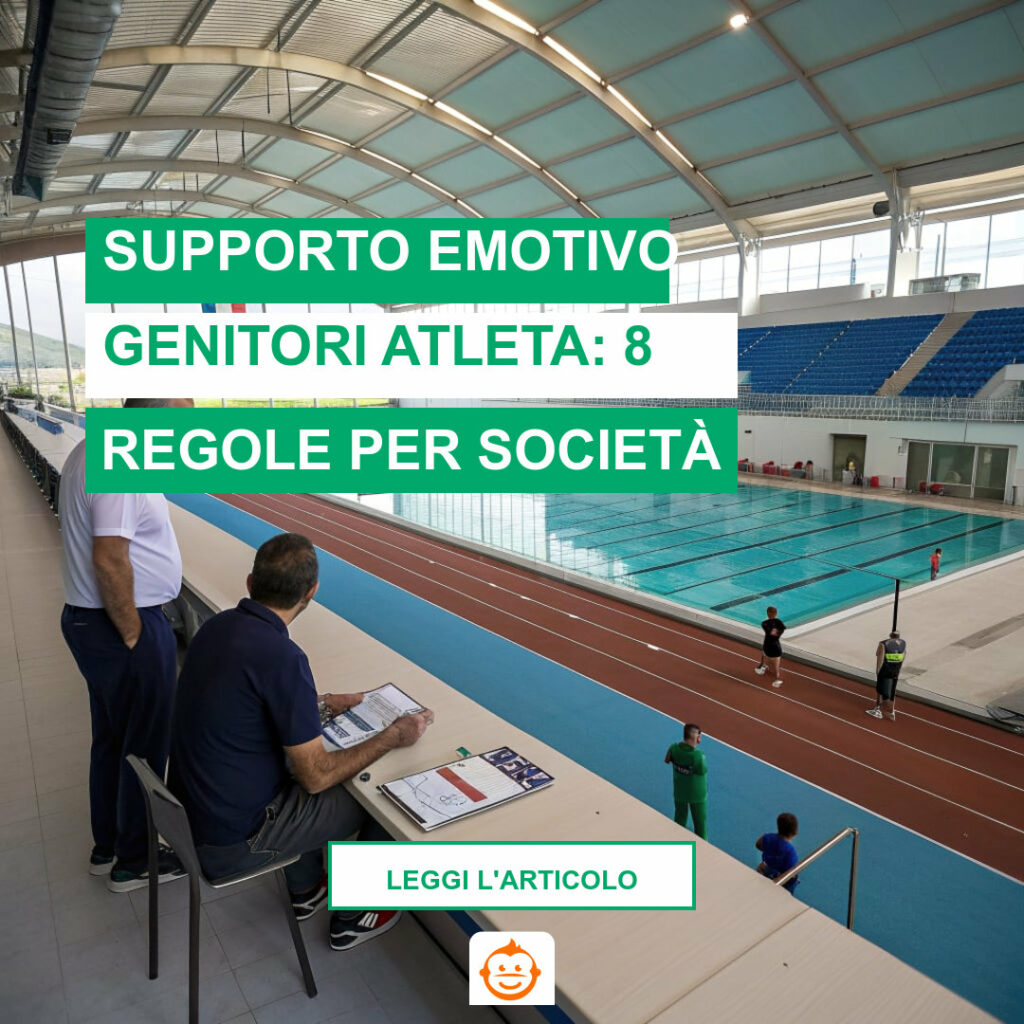 Allenatore e dirigenti durante riunione tecnica in società sportiva multisport per gestione supporto emotivo genitori atleta