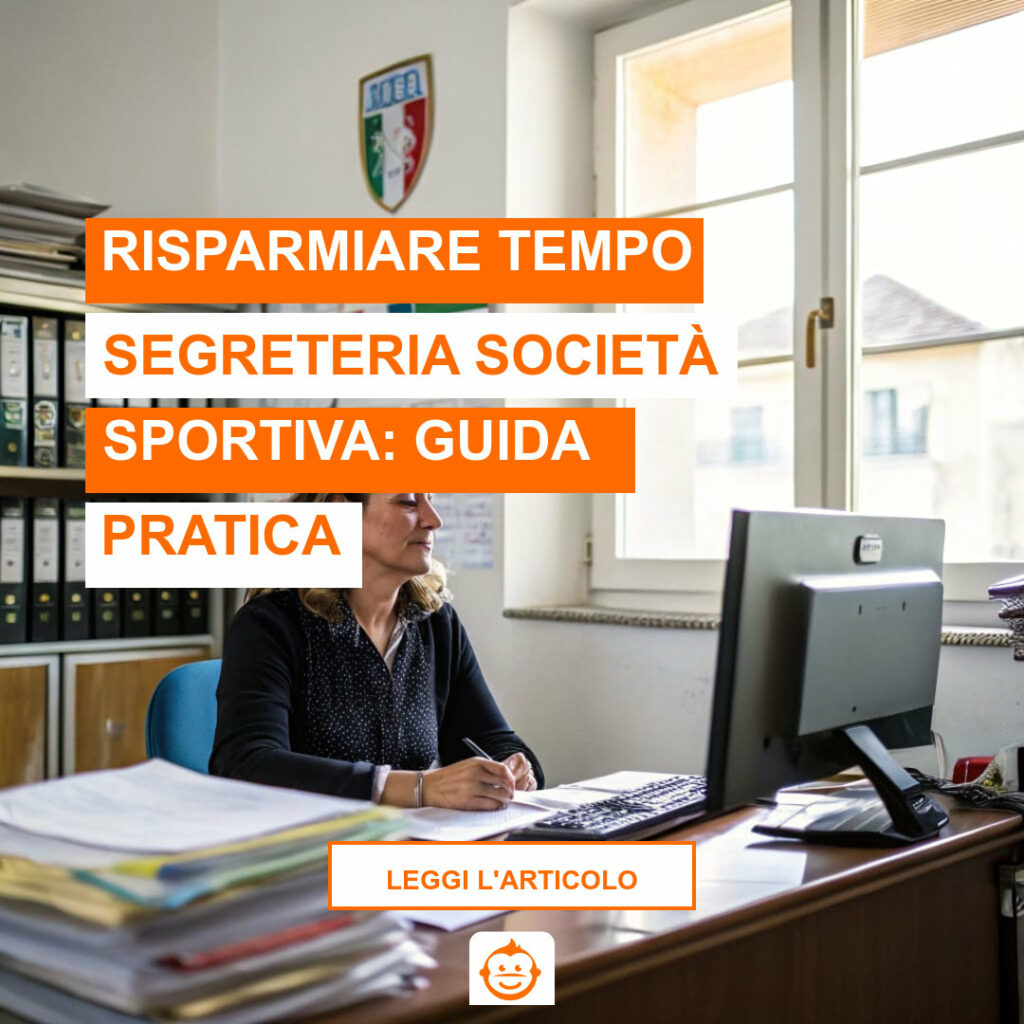 Segretaria di società sportiva che gestisce iscrizioni e documenti con metodo organizzato per risparmiare tempo