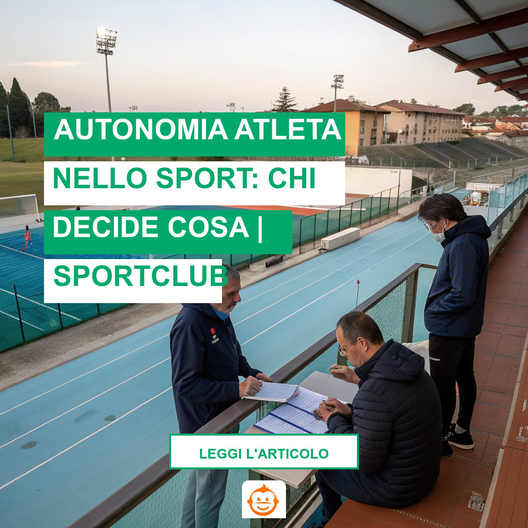 Allenatore e dirigenti di società sportiva italiana durante riunione tecnica per definire ruoli e autonomia atleti