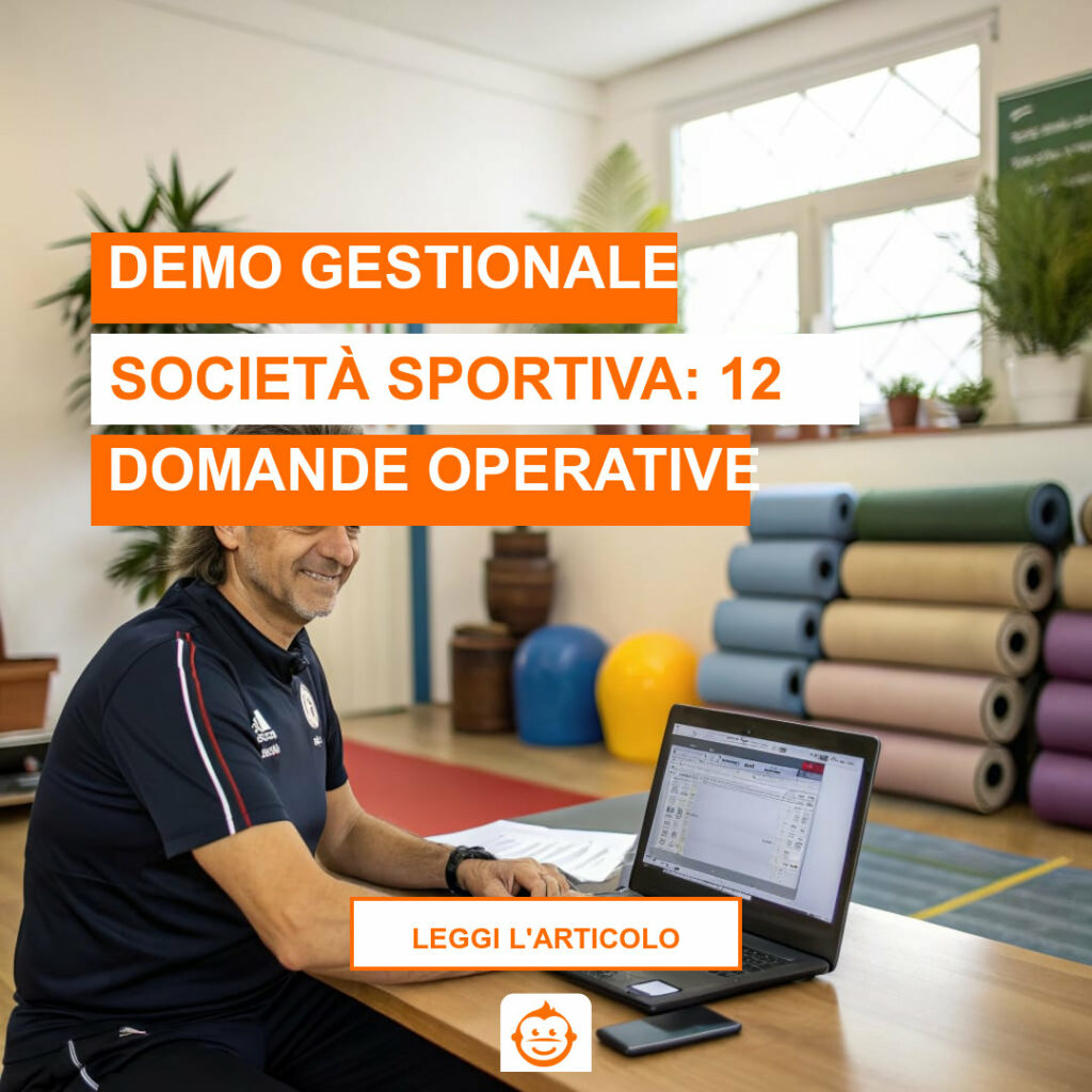 Presidente di ASD che valuta demo gestionale società sportiva su laptop in ufficio segreteria sportiva