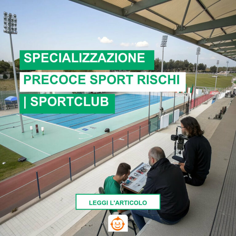 Allenatore e dirigenti di società sportiva multisport durante riunione tecnica su specializzazione precoce e percorsi giovanili