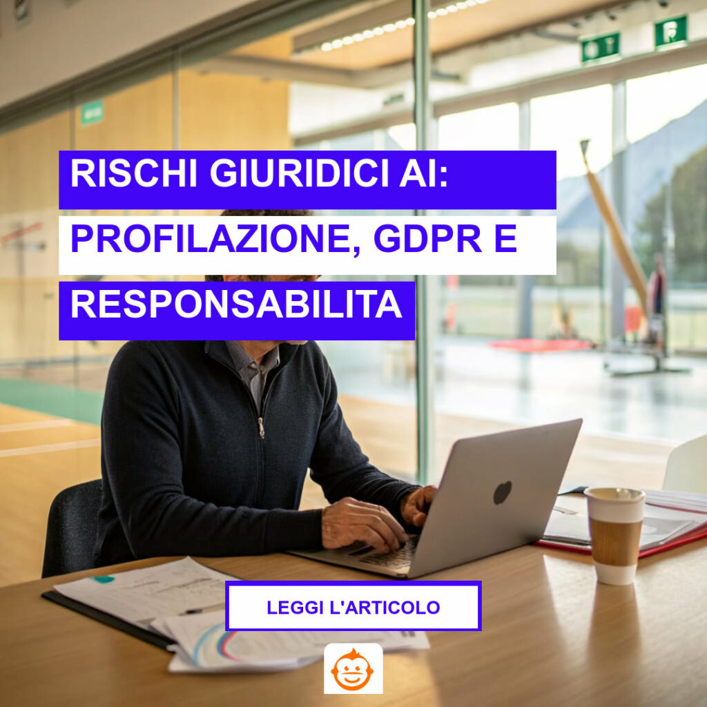 Dirigente di società sportiva analizza rischi giuridici AI alla scrivania con laptop e documenti