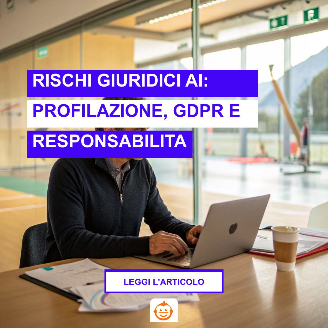 Dirigente di società sportiva analizza rischi giuridici AI alla scrivania con laptop e documenti