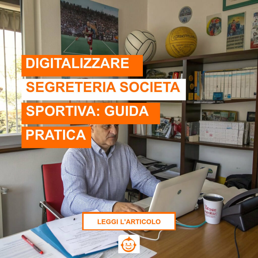 Presidente di societ&agrave; sportiva al lavoro in segreteria per digitalizzare gestione iscrizioni e pagamenti ASD