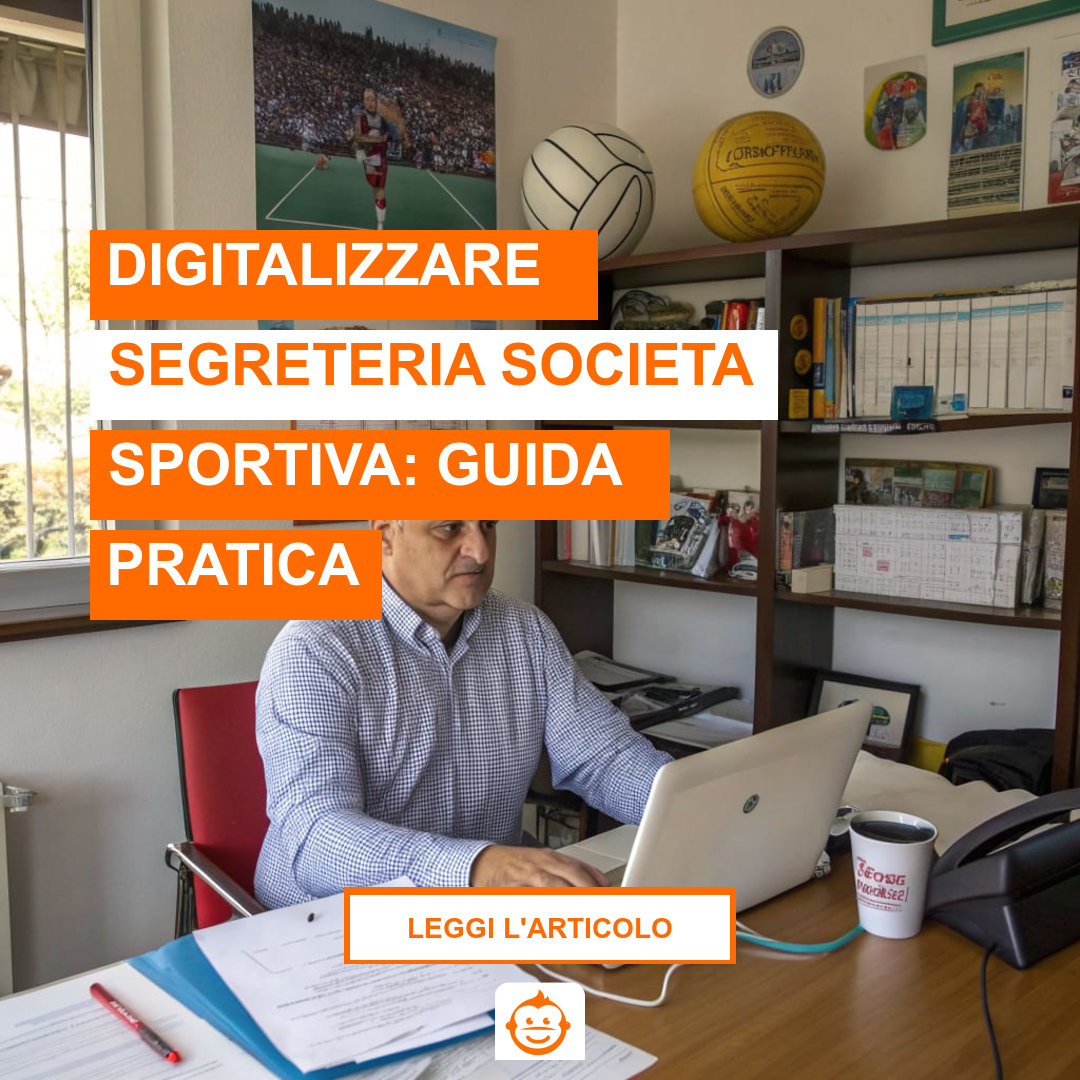 Presidente di società sportiva al lavoro in segreteria per digitalizzare gestione iscrizioni e pagamenti ASD