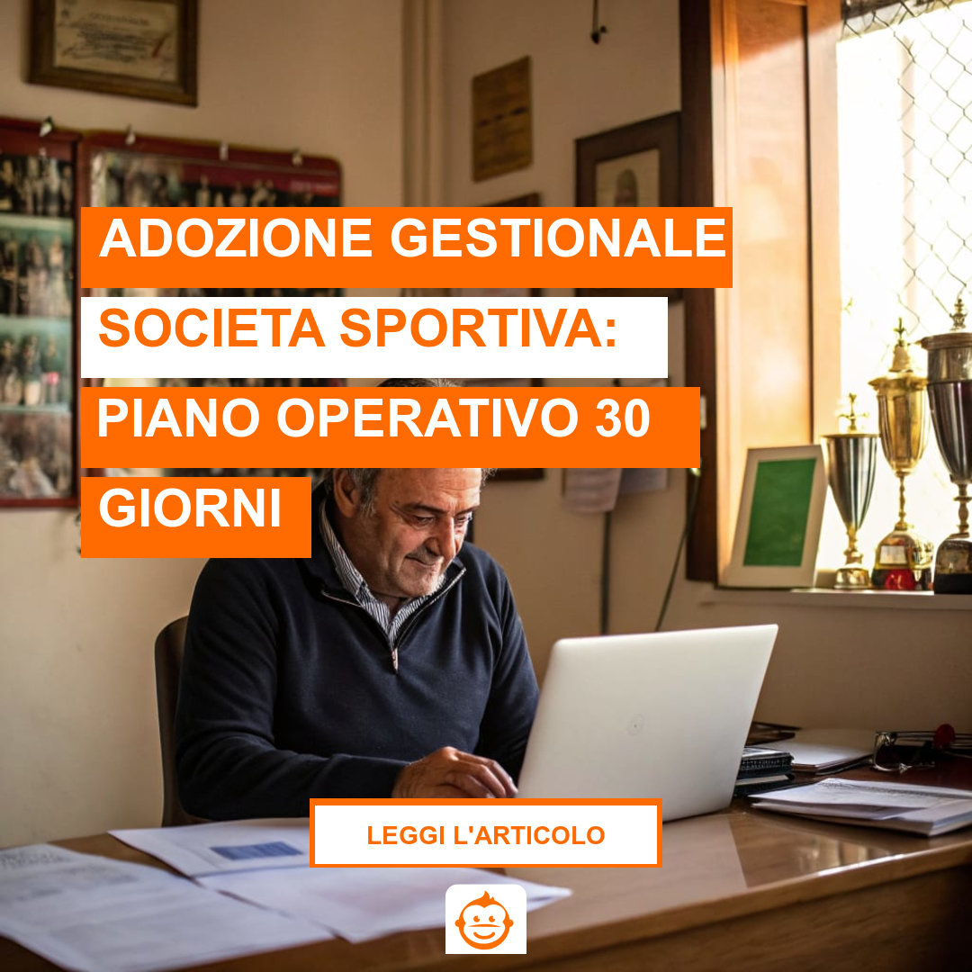 Dirigente ASD gestisce adozione gestionale società sportiva dalla segreteria con computer e documenti