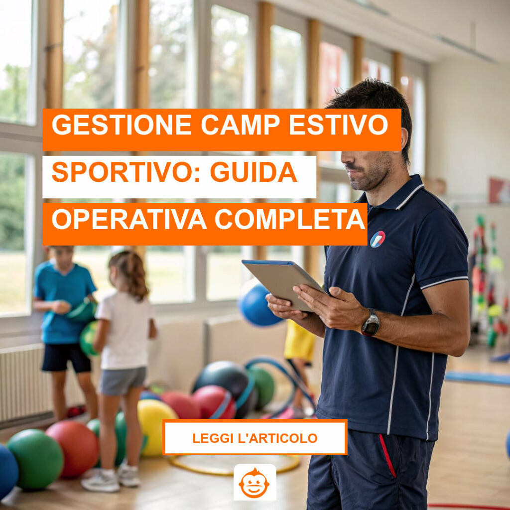 Istruttore sportivo gestisce camp estivo con tablet durante attività con bambini in palestra