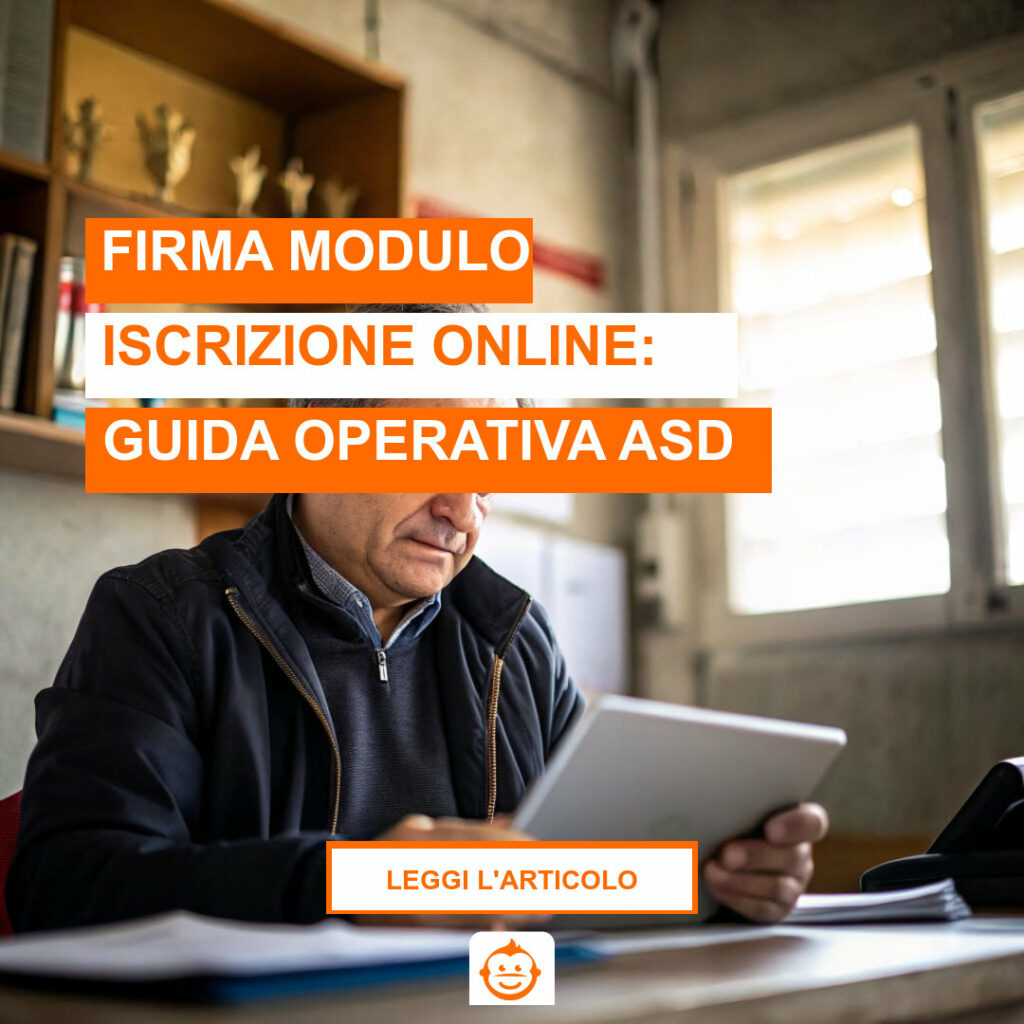 Presidente associazione sportiva gestisce firma modulo iscrizione online con tablet in segreteria ASD